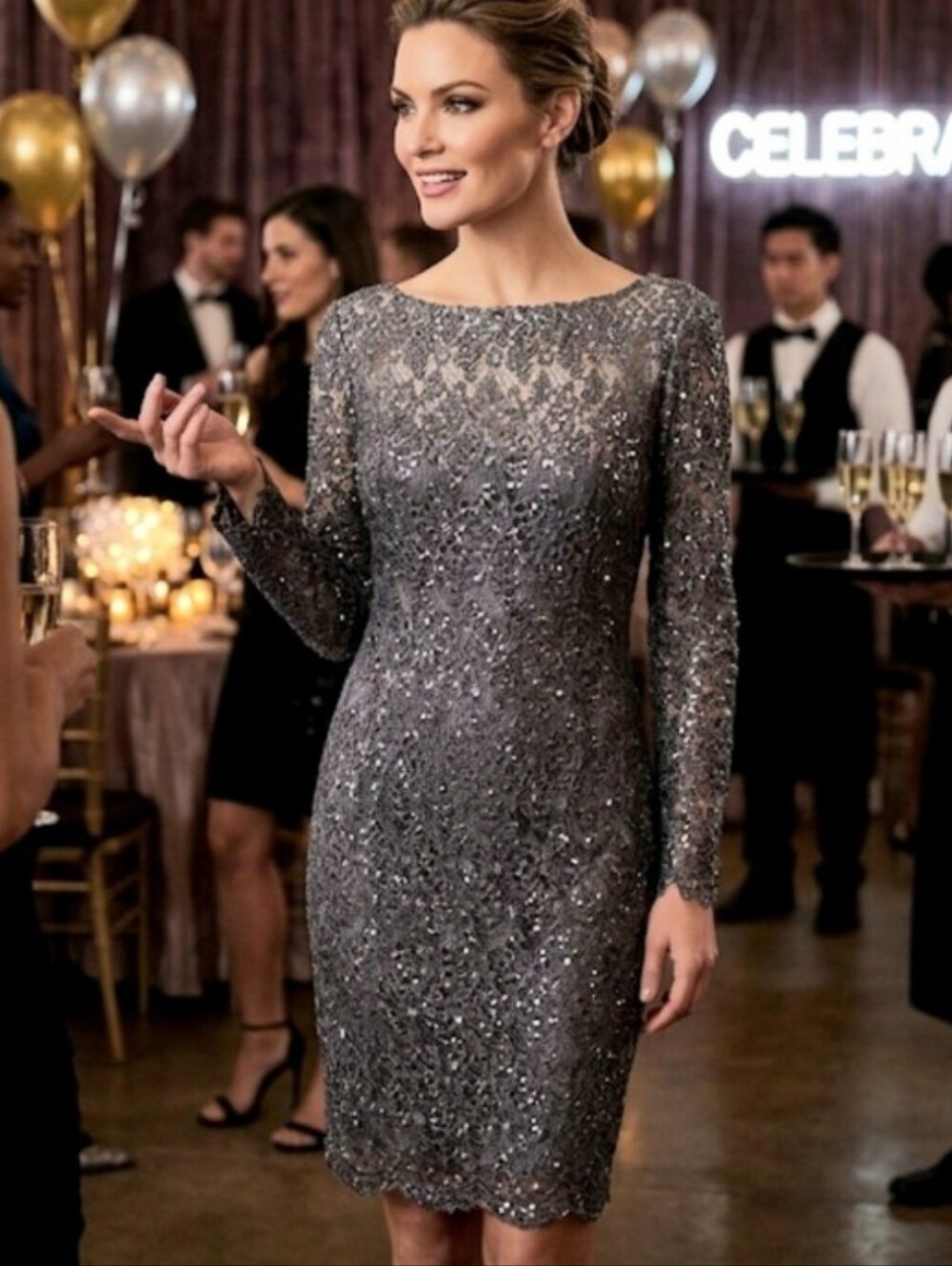 Kay Unger Sequin Rain Embellished Taupe Lace Sheath Dress Size 10